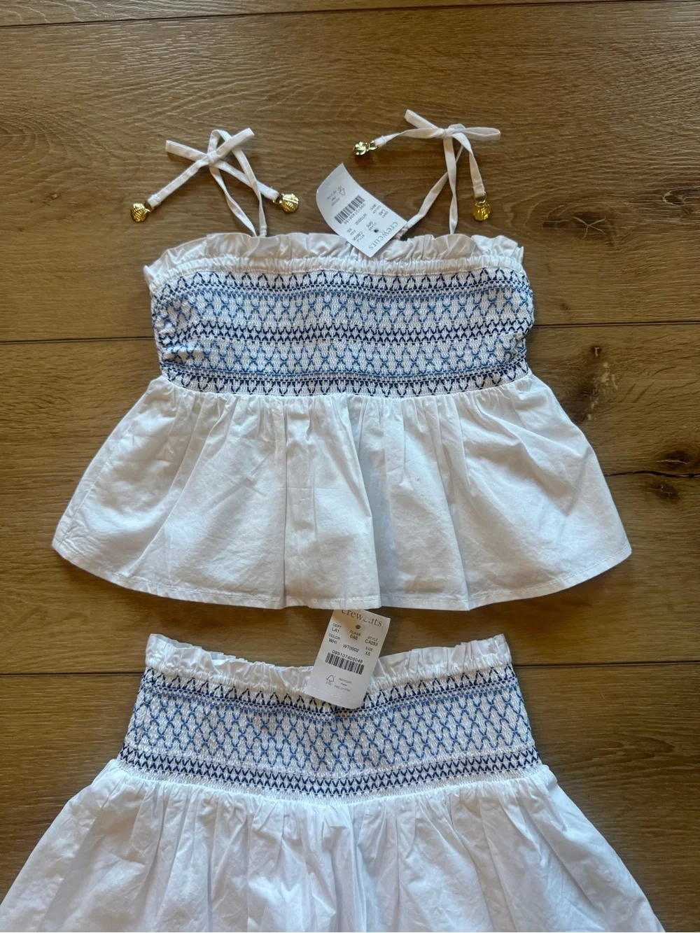 Crewcuts White Smocked Crop Top & Skirt Set with Blue Embroidery